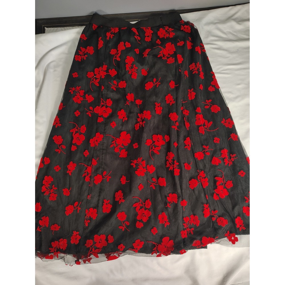SHEIN Black Mesh Red Floral Flocked Maxi Skirt Elastic Waist Goth Romantic Sz M